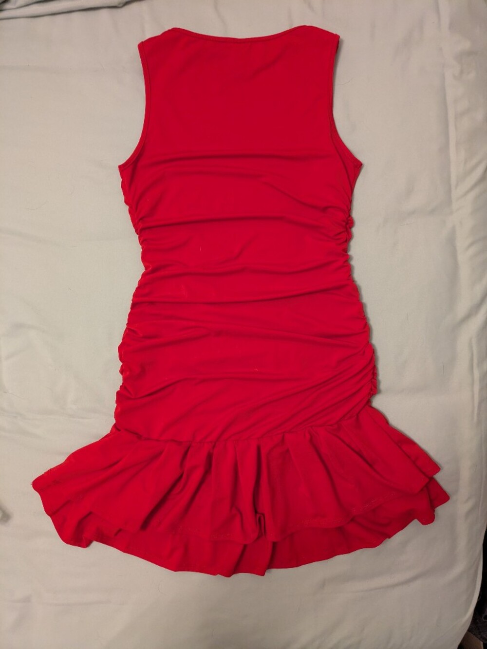 Red Ruched Bodycon Drop Waist Ruffle Mini Dress - Picture 3 of 7